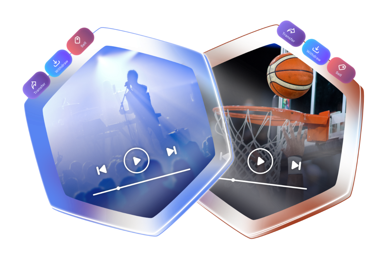 NFT collectibles with sound and video clips. Play button illustrates music and sports